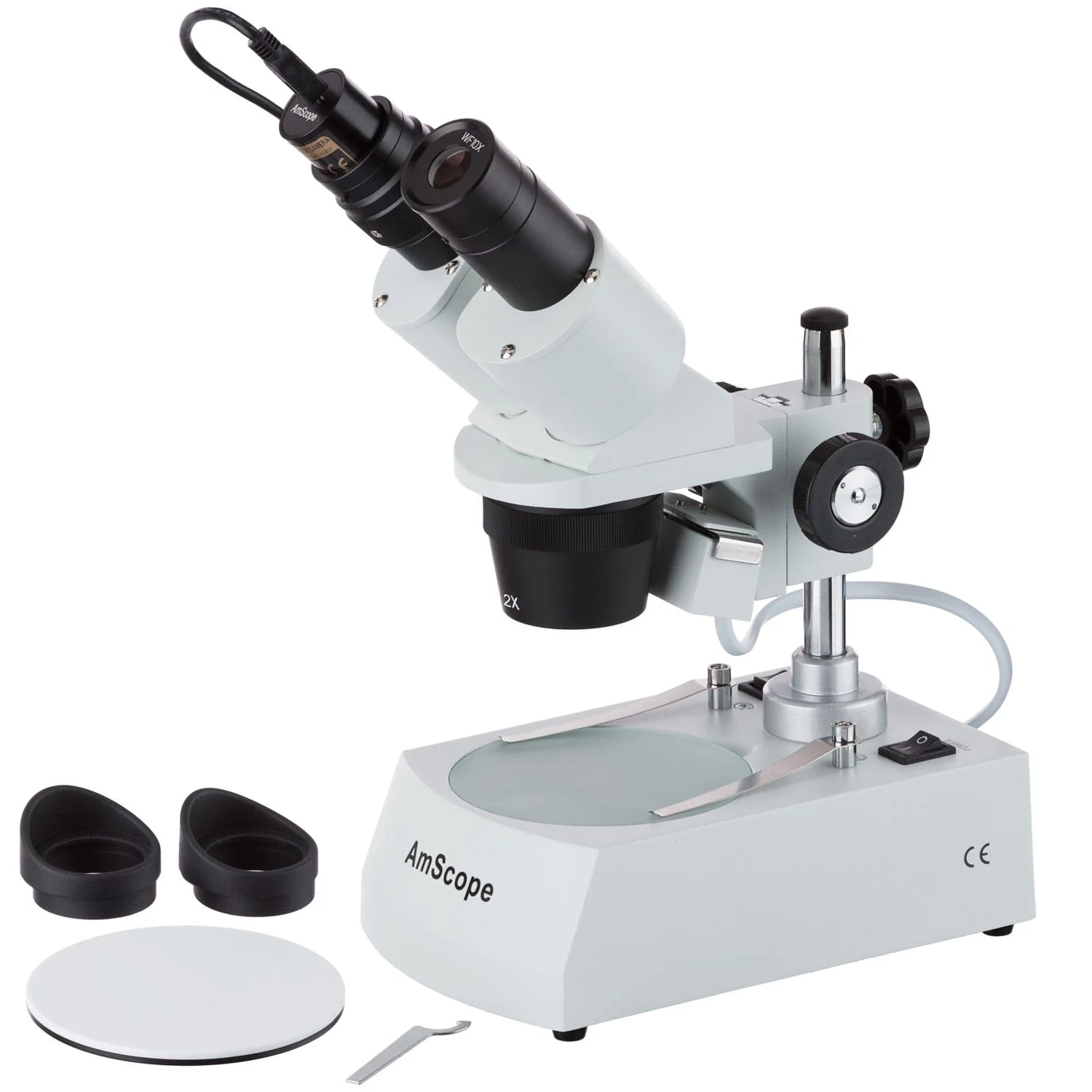 AmScope SE306 Series Compact Multi-Lens Binocular Stereo Microscope 20X-40X Magnification with Angled Head, Metal Pillar Stand, Top & Bottom Halogen Lighting, 1MP Digital Eyepiece Camera