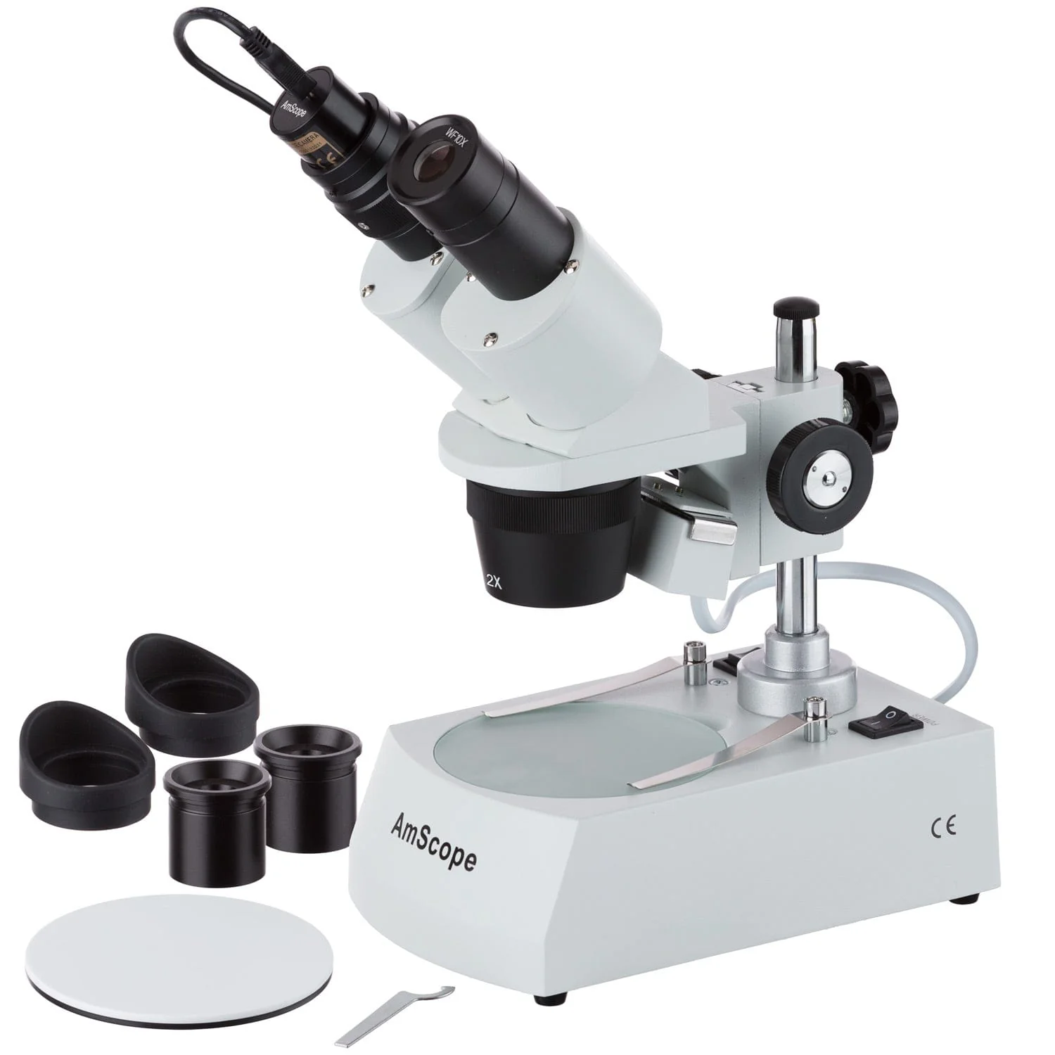 AmScope SE306 Series Compact Multi-Lens Binocular Stereo Microscope 20X-80X Magnification with Angled Head, Metal Pillar Stand, Top & Bottom Halogen Lighting, 1MP Digital Eyepiece Camera