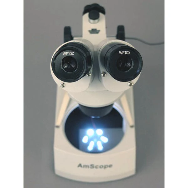 AmScope SE306 Series Compact Multi-Lens Stereo Microscope with Angled Head 20X-80X Magnification Metal Pillar Stand, Top & Bottom LED Lighting - Image 3