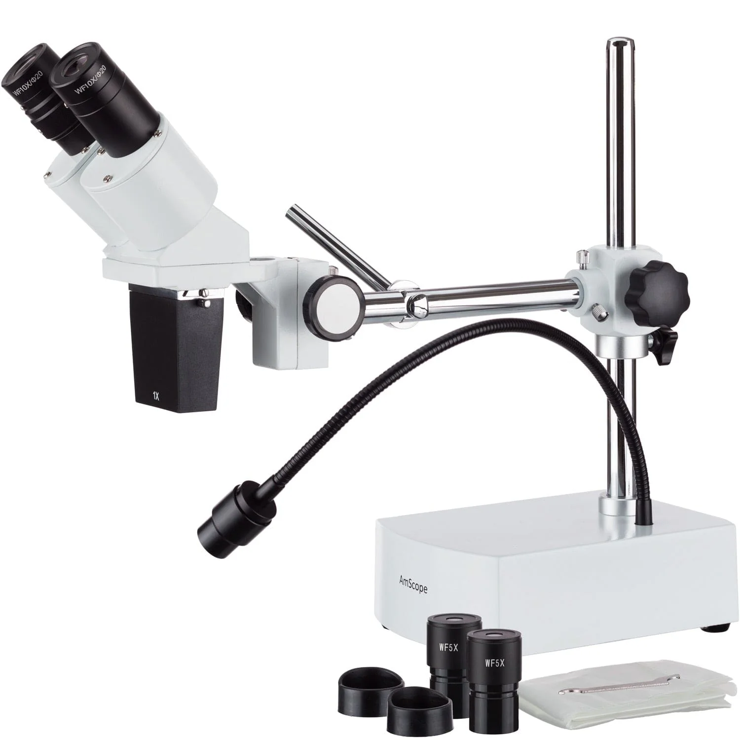 AmScope SE400 Series Compact Fixed-Lens Stereo Microscope 5X-10X Magnification on Boom-Arm Stand with Gooseneck LED Light