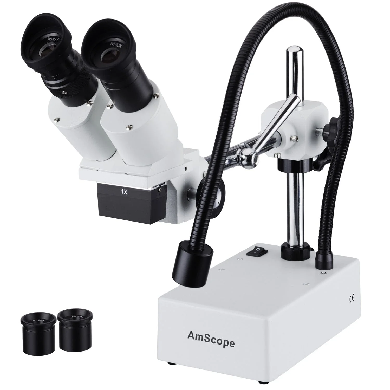 AmScope SE410 Series Compact Fixed-Lens Binocular Stereo Microscope 10X-15X Magnification on Boom-Arm Stand with Gooseneck LED Light