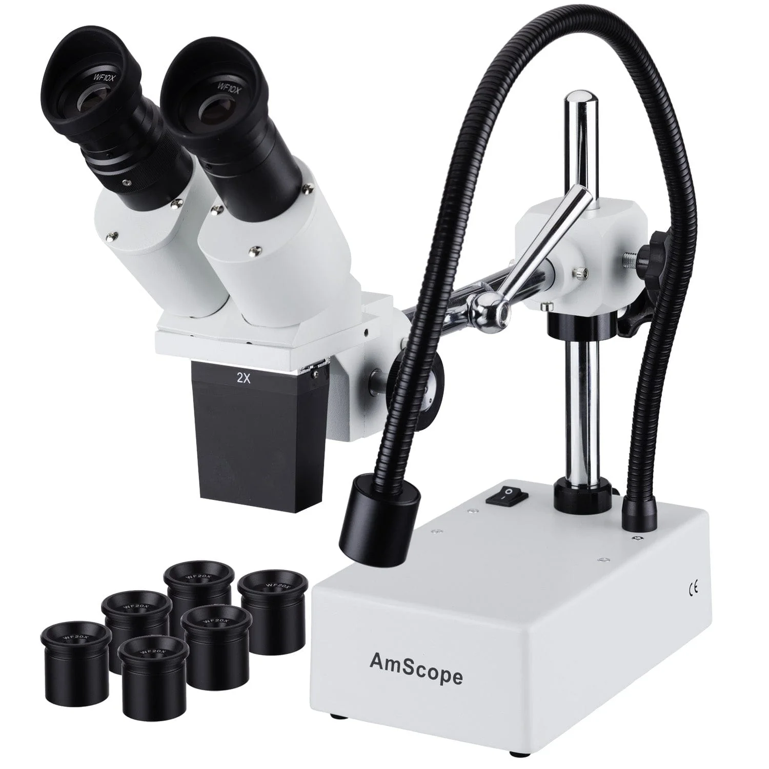 AmScope SE420 Series Compact Fixed-Lens Binocular Stereo Microscope 10X-40X Magnification on Boom-Arm Stand with Gooseneck LED Light