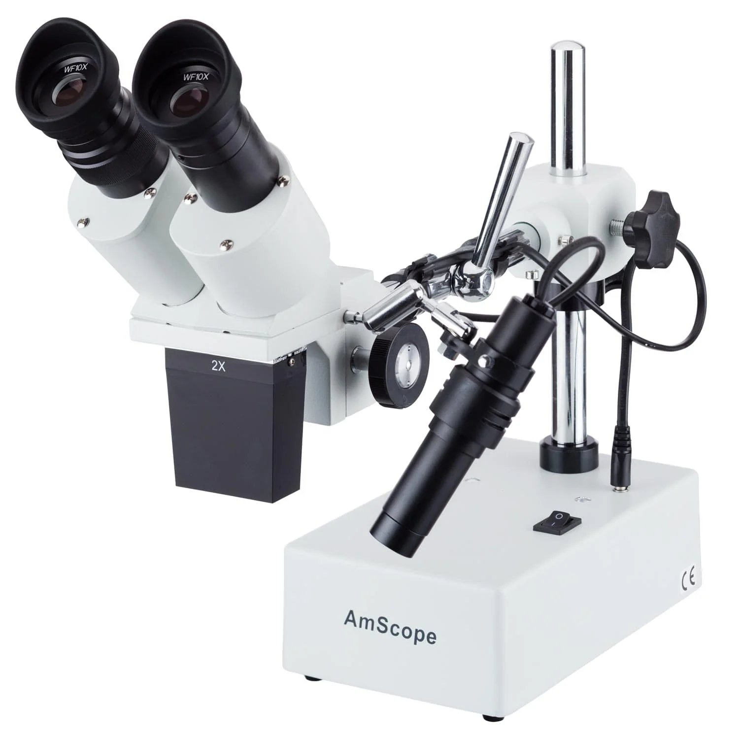 AmScope SE420 Series Widefield Binocular Stereo Microscope 10X & 20X Magnification on Boom Arm Stand with Incident Light