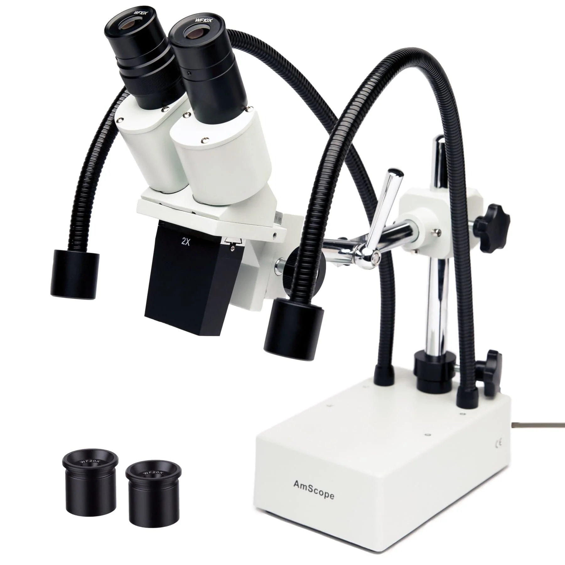 AmScope SE420 Series Compact Fixed-Lens Binocular Stereo Microscope 10X-20X Magnification on Boom-Arm Stand with Dual Gooseneck LED Lights