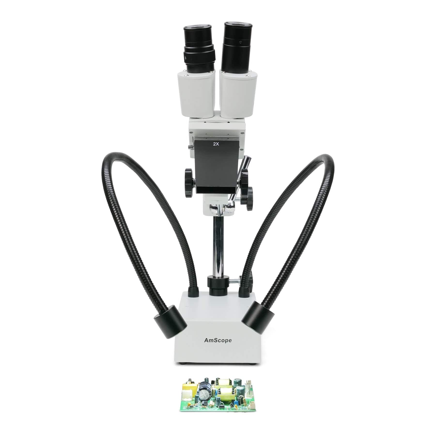 AmScope SE420 Series Compact Fixed-Lens Binocular Stereo Microscope 10X-20X Magnification on Boom-Arm Stand with Dual Gooseneck LED Lights - Image 5