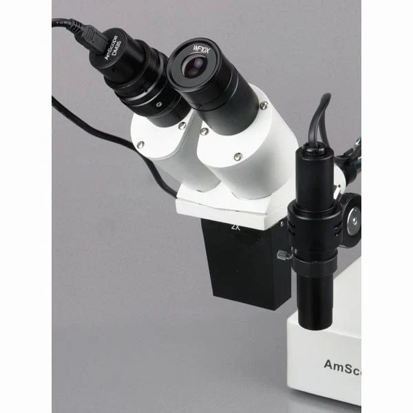 AmScope SE420 Series Compact Fixed-Lens Binocular Stereo Microscope 20X-40X Magnification on Boom-Arm Stand with Side Light and Digital Camera - Image 6