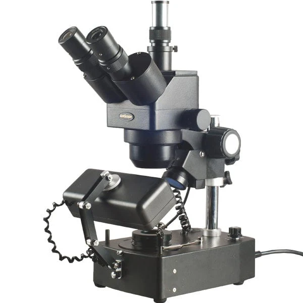AmScope SH-2 Series Jewelry Gem Trinocular Stereo Microscope 10X-60X Magnification on Pillar Stand with Three Lights