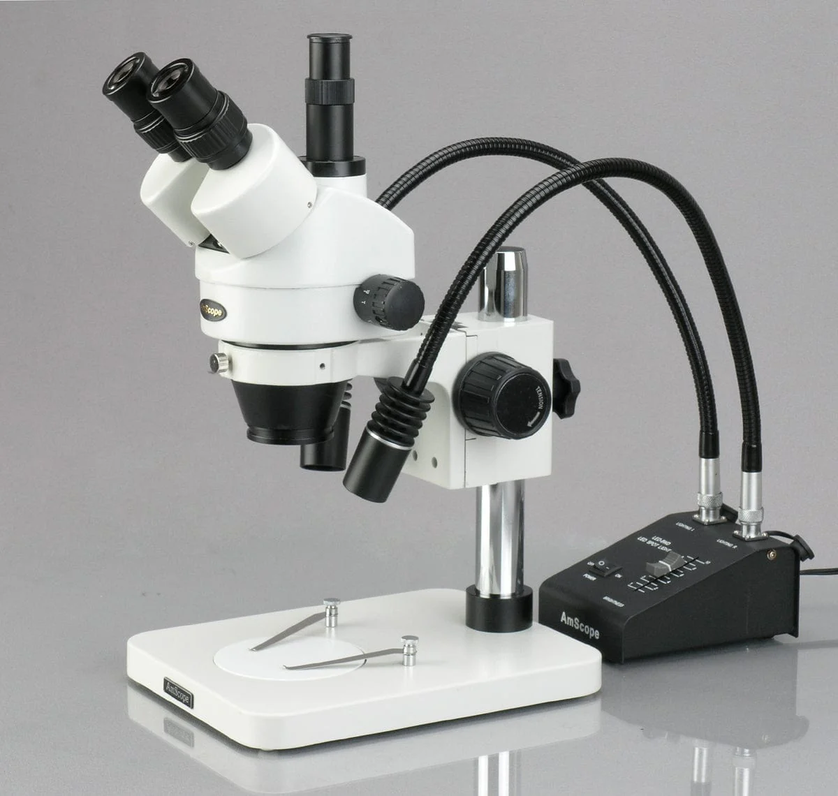 AmScope SM-1 Series Zoom Trinocular Stereo Microscope 7X-45X Magnification on Pillar Stand with LED Dual Gooseneck and Digital Camera - Image 3