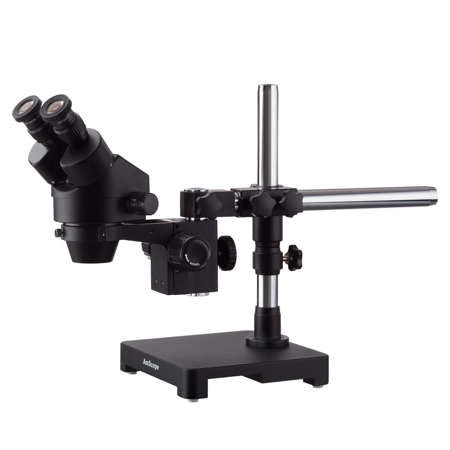 AmScope SM-3 Series Black Zoom Binocular Stereo Microscope 7X-90X Magnification on Single Arm Boom Stand Single Arm Boom Stand