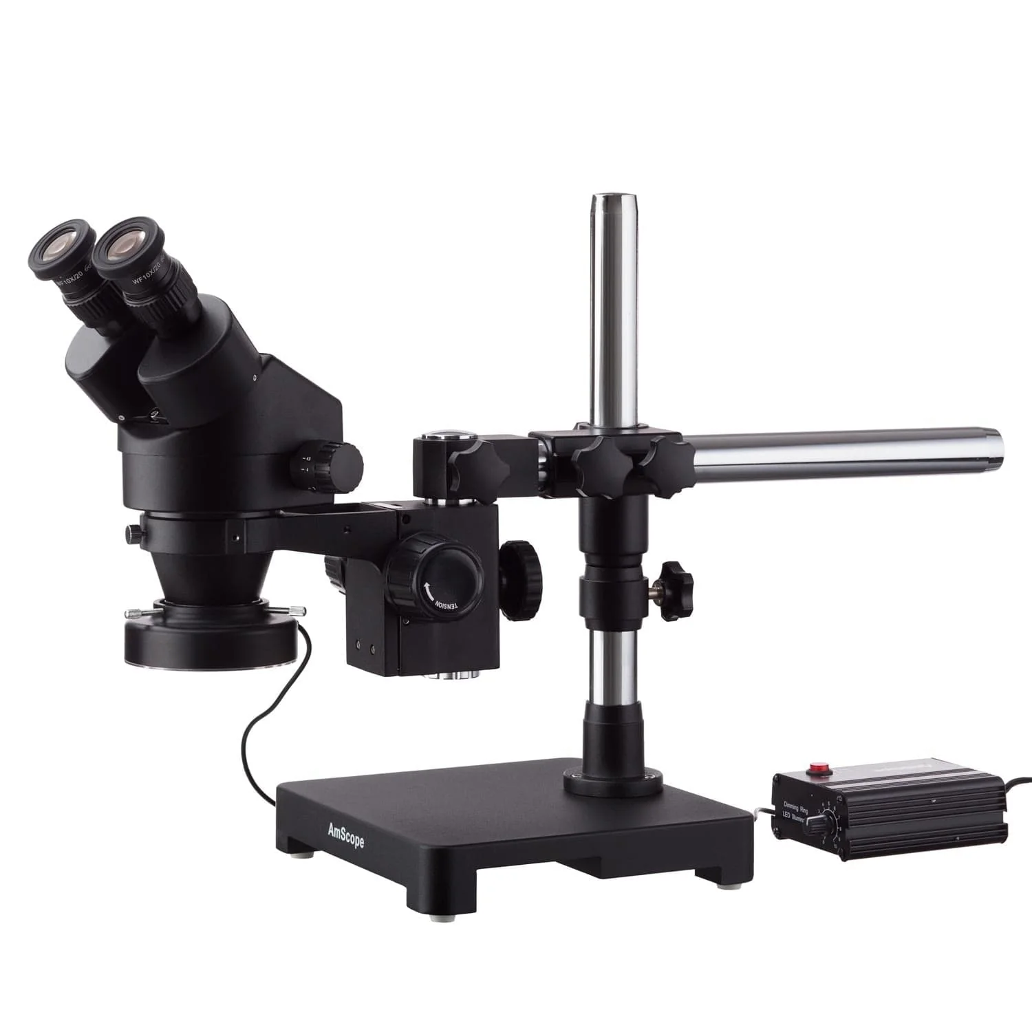 AmScope SM-3 Series Black Zoom Binocular Stereo Microscope 7X-135X Magnification on Single Arm Boom Stand Single Arm Boom Stand with 80-LED Ring-light