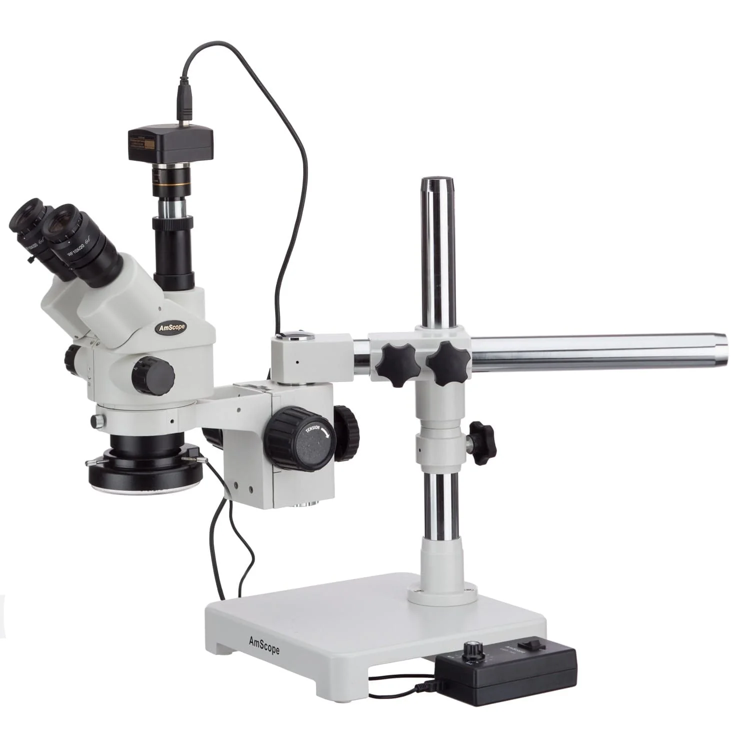 AmScope SM-3 Series Simul-Focal Zoom Binocular Stereo Microscope 3.5X-45X Magnification on Single Arm Boom Stand with 144-LED Ring Light and Camera