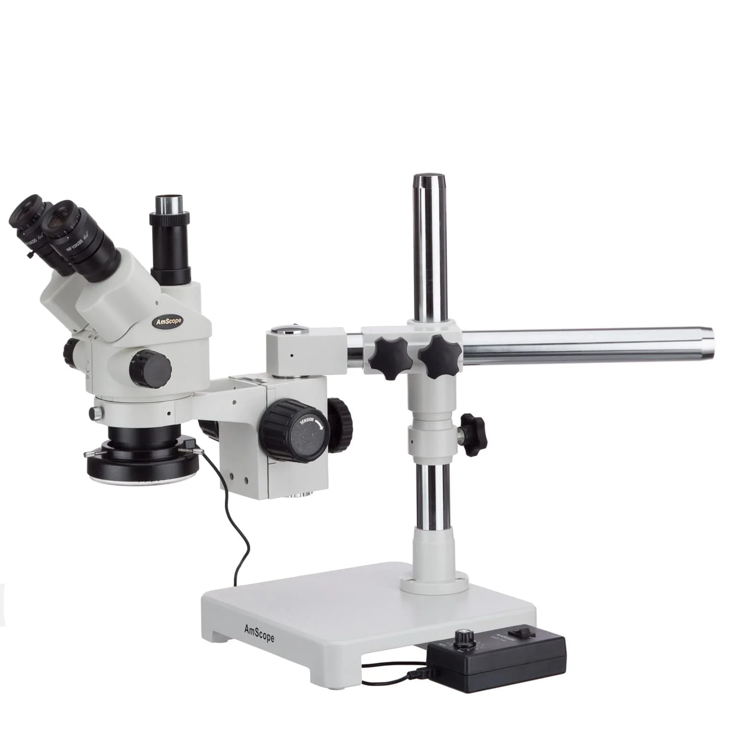 AmScope SM-3 Series Simul-Focal Zoom Binocular Stereo Microscope 3.5X-45X Magnification on Single Arm Boom Stand with 144-LED Ring Light and Camera - Image 2