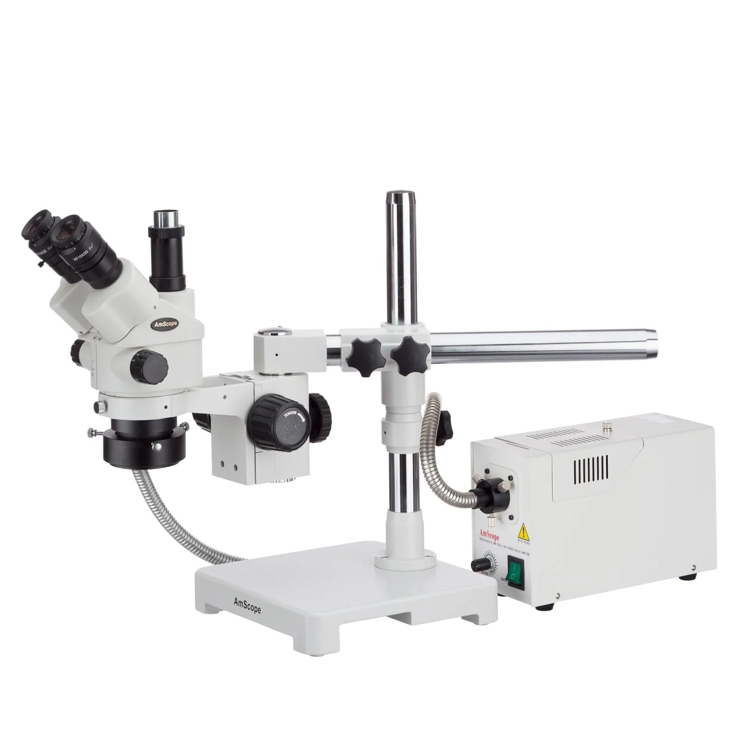 AmScope SM-3 Series Simul-Focal Lockable Zoom Binocular Stereo Microscope 3.5X-45X Magnification on Single Arm Boom Stand with Fiber Optic Ring Illuminator and Camera - Image 2