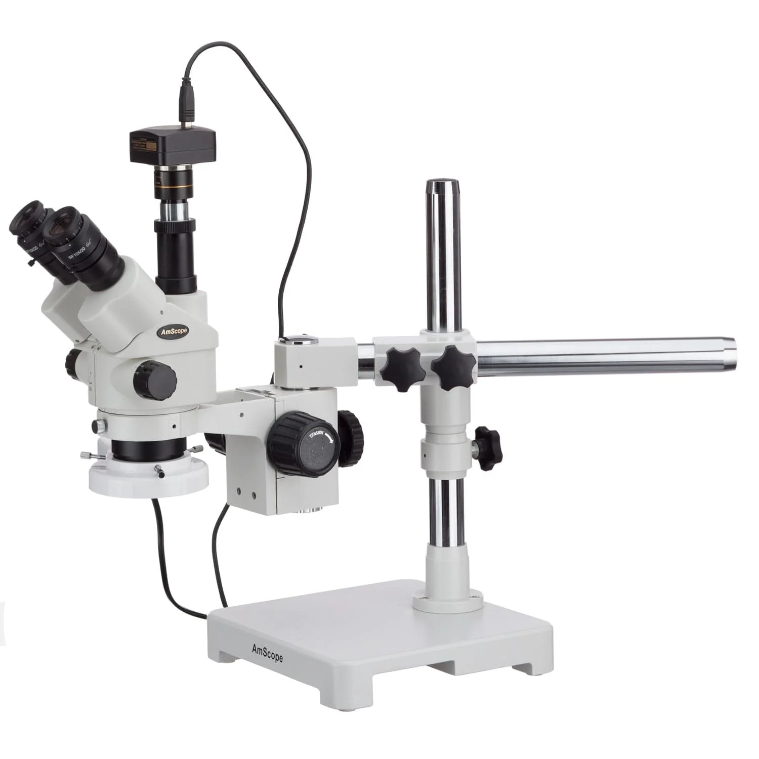AmScope SM-3 Series Simul-Focal Lockable Zoom Binocular Stereo Microscope 3.5X-45X Magnification on Single Arm Boom Stand with Fluorescent Ring Light and a Camera