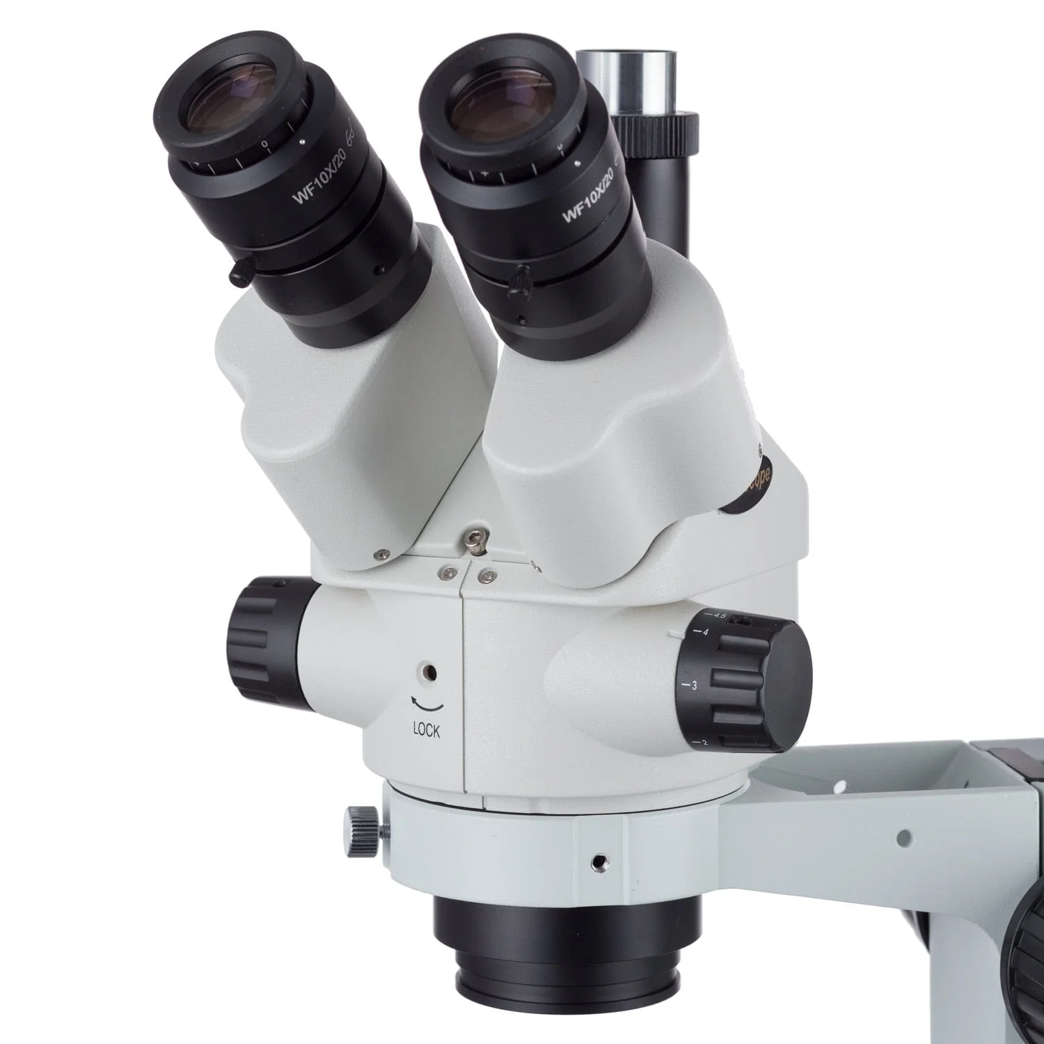 AmScope SM-3 Series Simul-Focal Lockable Zoom Binocular Stereo Microscope 3.5X-45X Magnification on Single Arm Boom Stand with Fiber Optic Ring Illuminator and Camera - Image 2