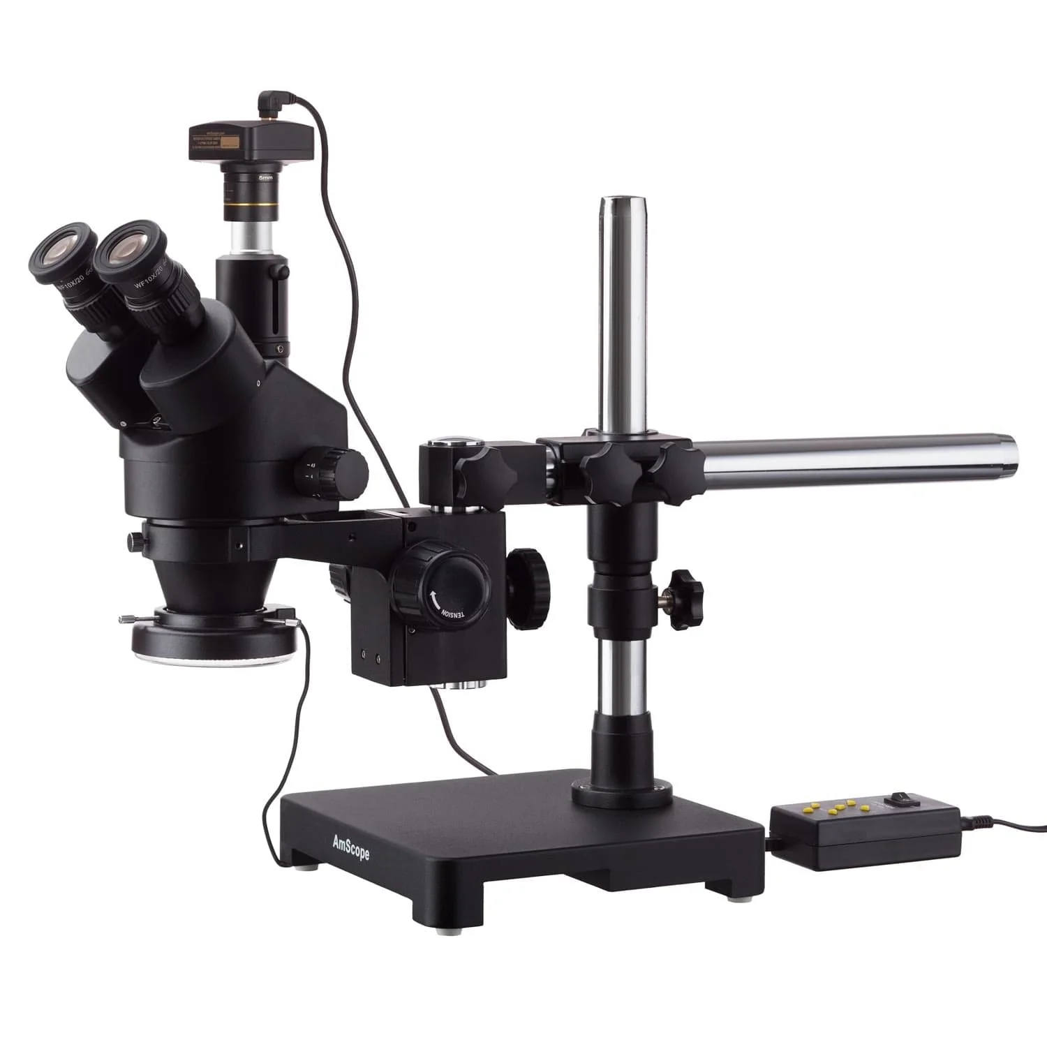 AmScope SM-3 Series Zoom Black Trinocular Stereo Microscope 7X-45X Magnification on Single Arm Boom Stand + 144 Direction Adjustable LED Ring Light & USB2.0 14MP Camera