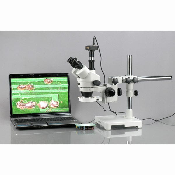 AmScope SM-3 Series Zoom Black Trinocular Stereo Microscope 7X-45X Magnification on Single Arm Boom Stand with LED and 1.3MP Camera - Image 5