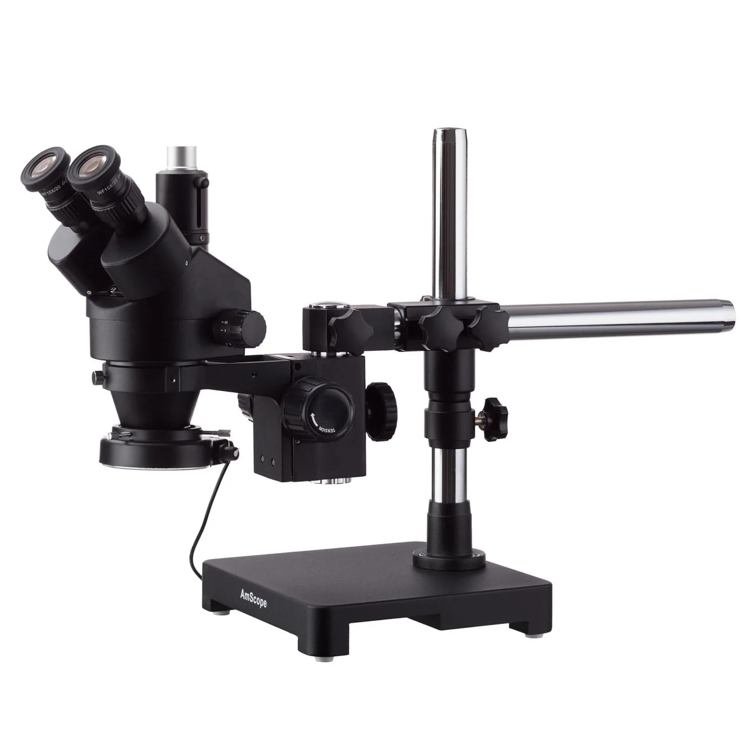 AmScope SM-3 Series Zoom Black Trinocular Stereo Microscope 7X-45X Magnification on Single Arm Boom Stand + Fluorescent Ring Light