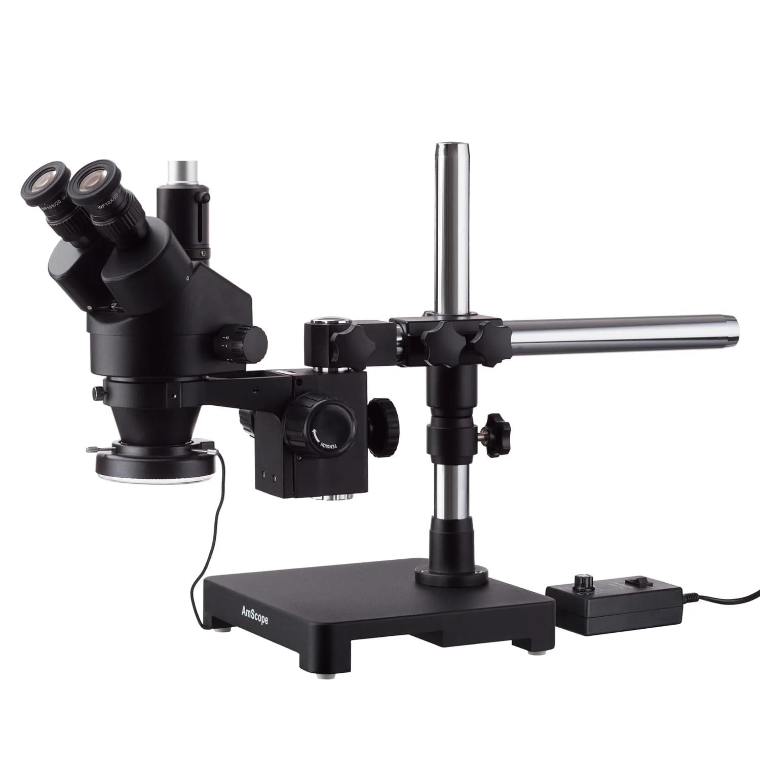 AmScope SM-3 Series Zoom Black Trinocular Stereo Microscope 3.5X-45X Magnification on Single Arm Boom Stand + 144 LED Ring-light
