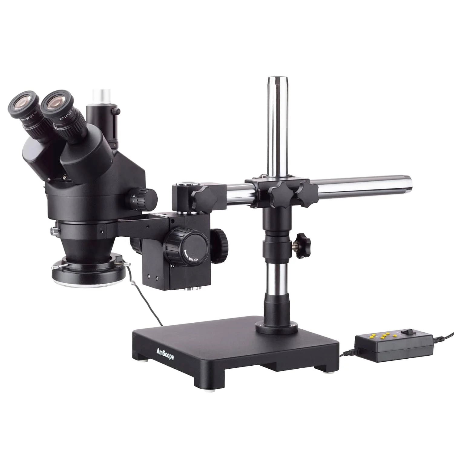 AmScope SM-3 Series Zoom Black Trinocular Stereo Microscope 3.5X-45X Magnification on Single Arm Boom Stand + 144 Direction Adjustable LED Ring Light