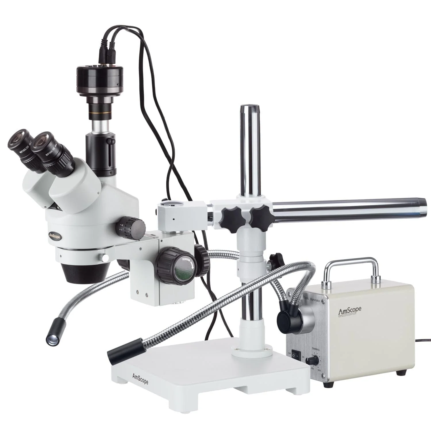 AmScope SM-3 Series Zoom Trinocular Stereo Microscope 3.5X-45X Magnification on Single Arm Boom Stand with LED Fiber Optic Light and HDMI Camera