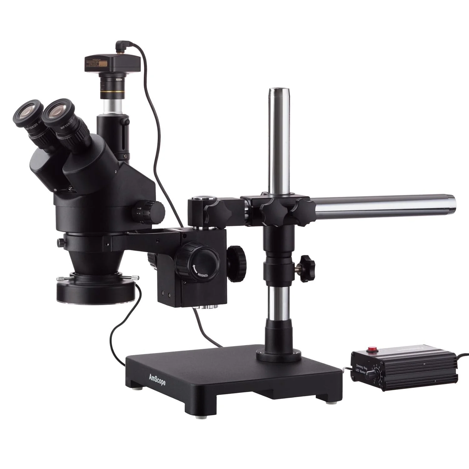 AmScope SM-3 Series Zoom Black Trinocular Stereo Microscope 3.5X-45X Magnification on Single Arm Boom Stand with Heavy Duty 80-LED Ring Light & 5MP Digital Camera