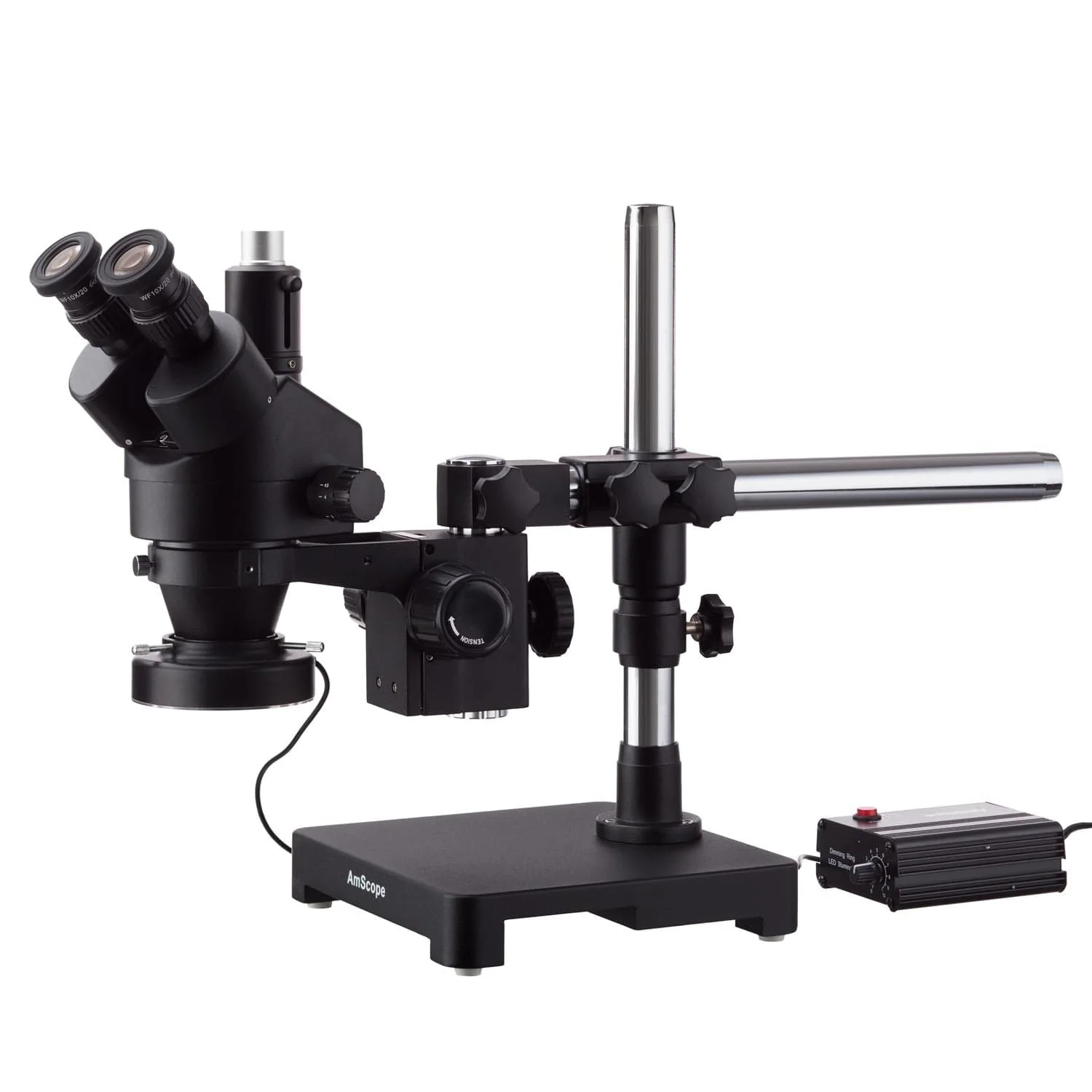 AmScope SM-3 Series Zoom Black Trinocular Stereo Microscope 3.5X-45X Magnification on Single Arm Boom Stand with Heavy Duty 80-LED Ring Light
