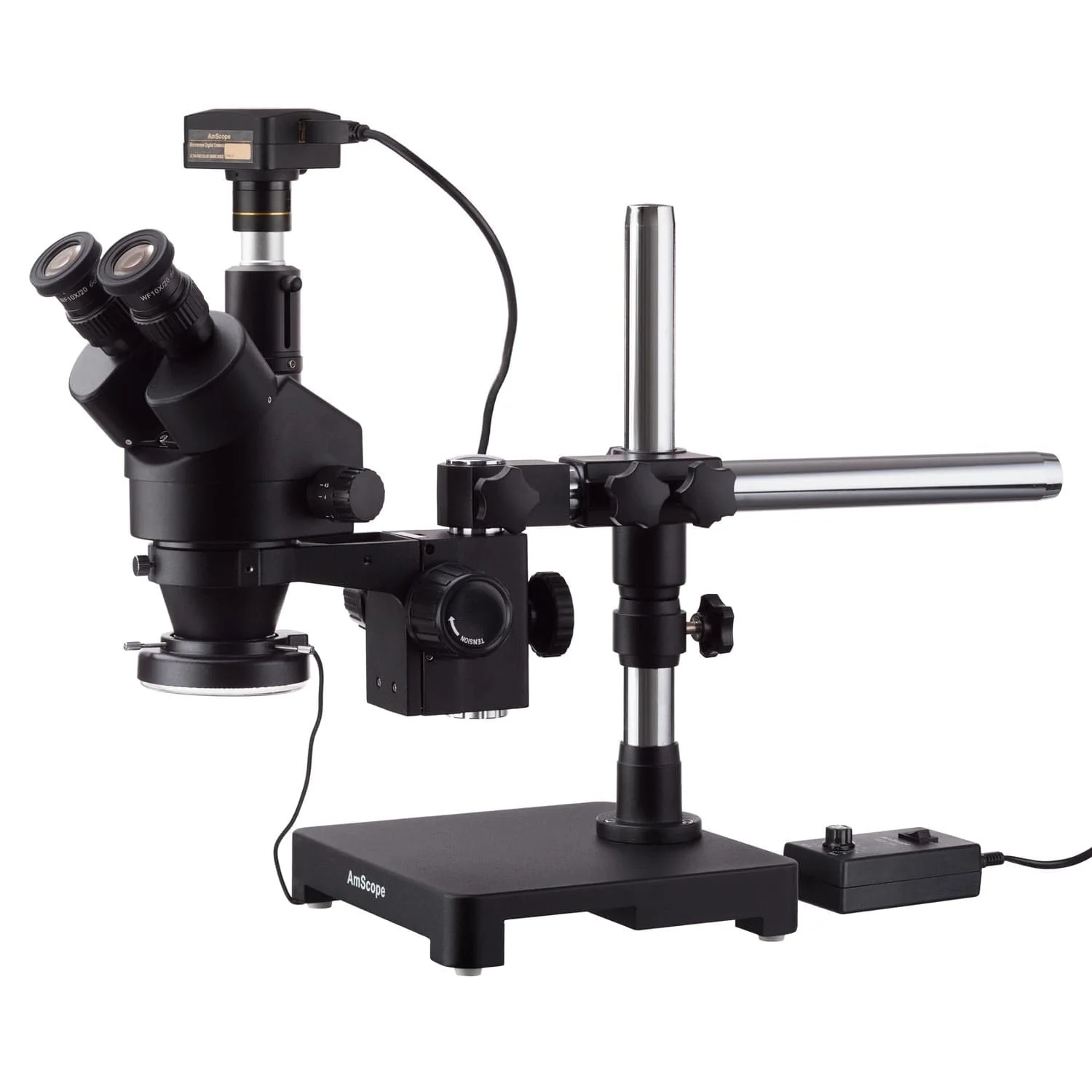 AmScope SM-3 Series Zoom Black Trinocular Stereo Microscope 7X-90X Magnification on Single Arm Boom Stand + 144 LED Ring-light with 3MP USB3.0 Camera