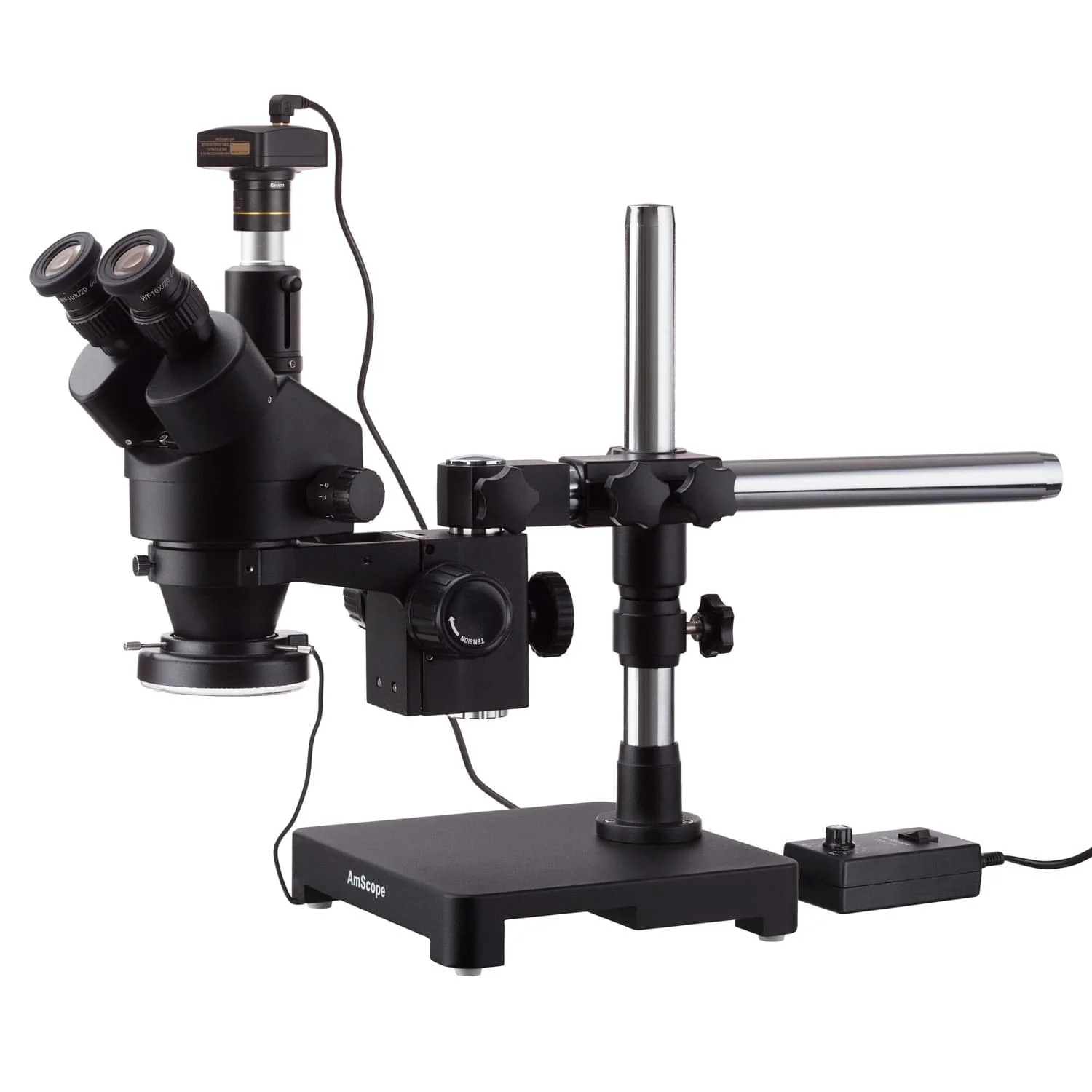 AmScope SM-3 Series Zoom Black Trinocular Stereo Microscope 7X-90X Magnification on Single Arm Boom Stand + 144 LED Ring-light with USB2.0 5MP Camera