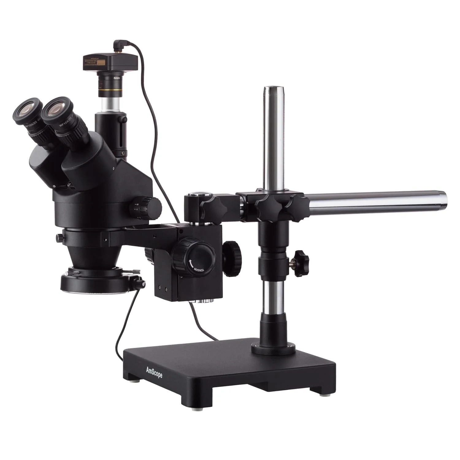 AmScope SM-3 Series Zoom Black Trinocular Stereo Microscope 7X-90X Magnification on Single Arm Boom Stand + 144 LED Compact Ring-light with USB2.0 5MP Camera