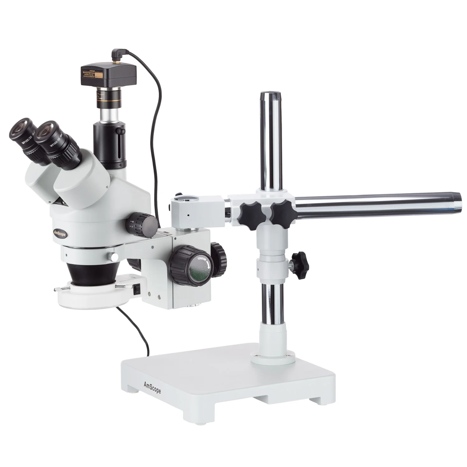 AmScope SM-3 Series Zoom Trinocular Stereo Microscope 7X-90X Magnification on Single Arm Boom Stand with 54 LED Light and 10MP Camera