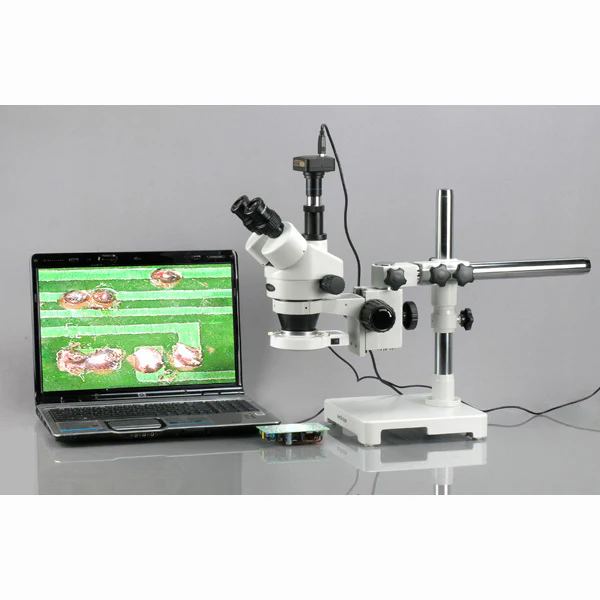 AmScope SM-3 Series Zoom Trinocular Stereo Microscope 7X-90X Magnification on Single Arm Boom Stand with 54 LED Light and 10MP Camera - Image 5