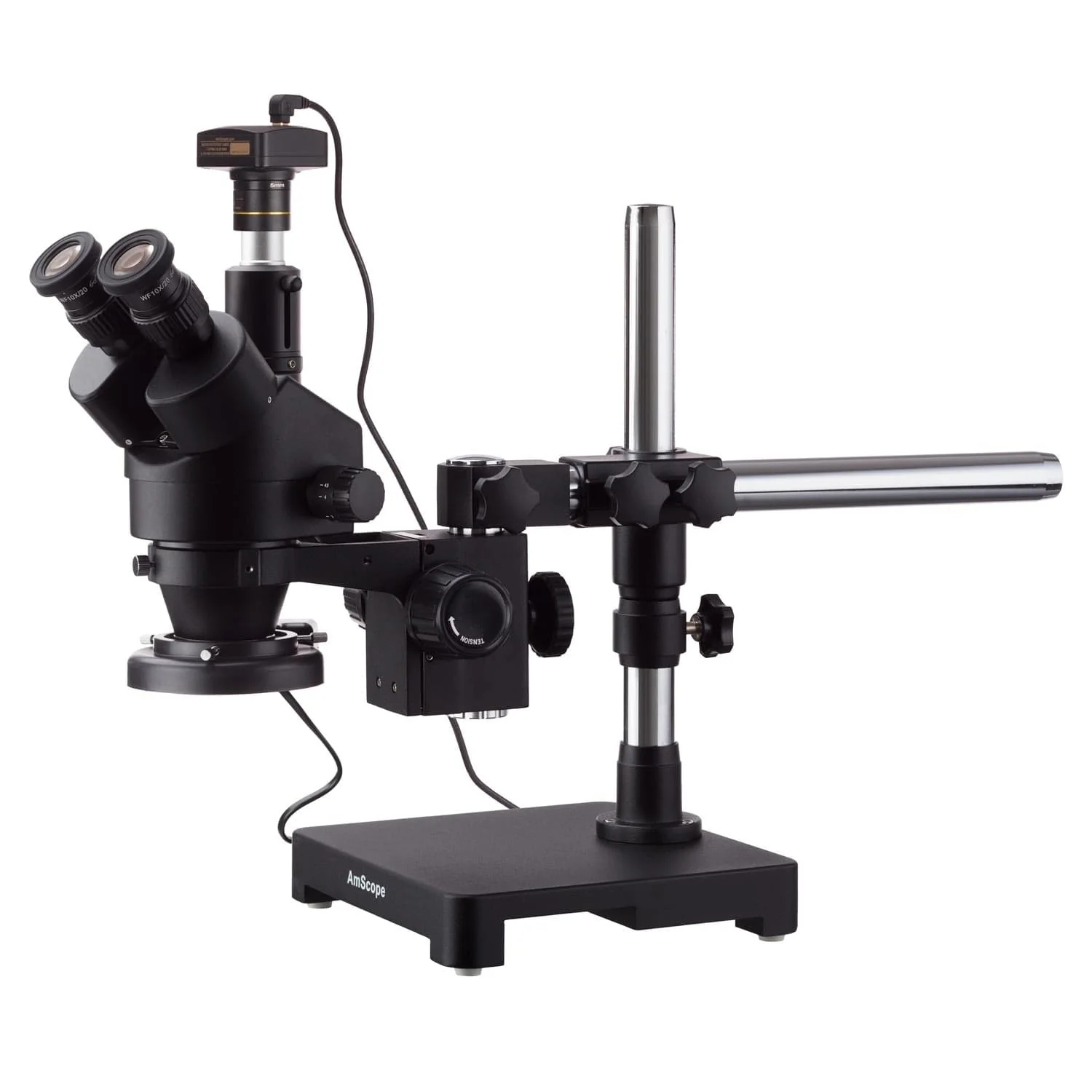 AmScope SM-3 Series Zoom Black Trinocular Stereo Microscope 7X-90X Magnification on Single Arm Boom Stand + Fluorescent Ring Light + 5MP USB2.0 Camera