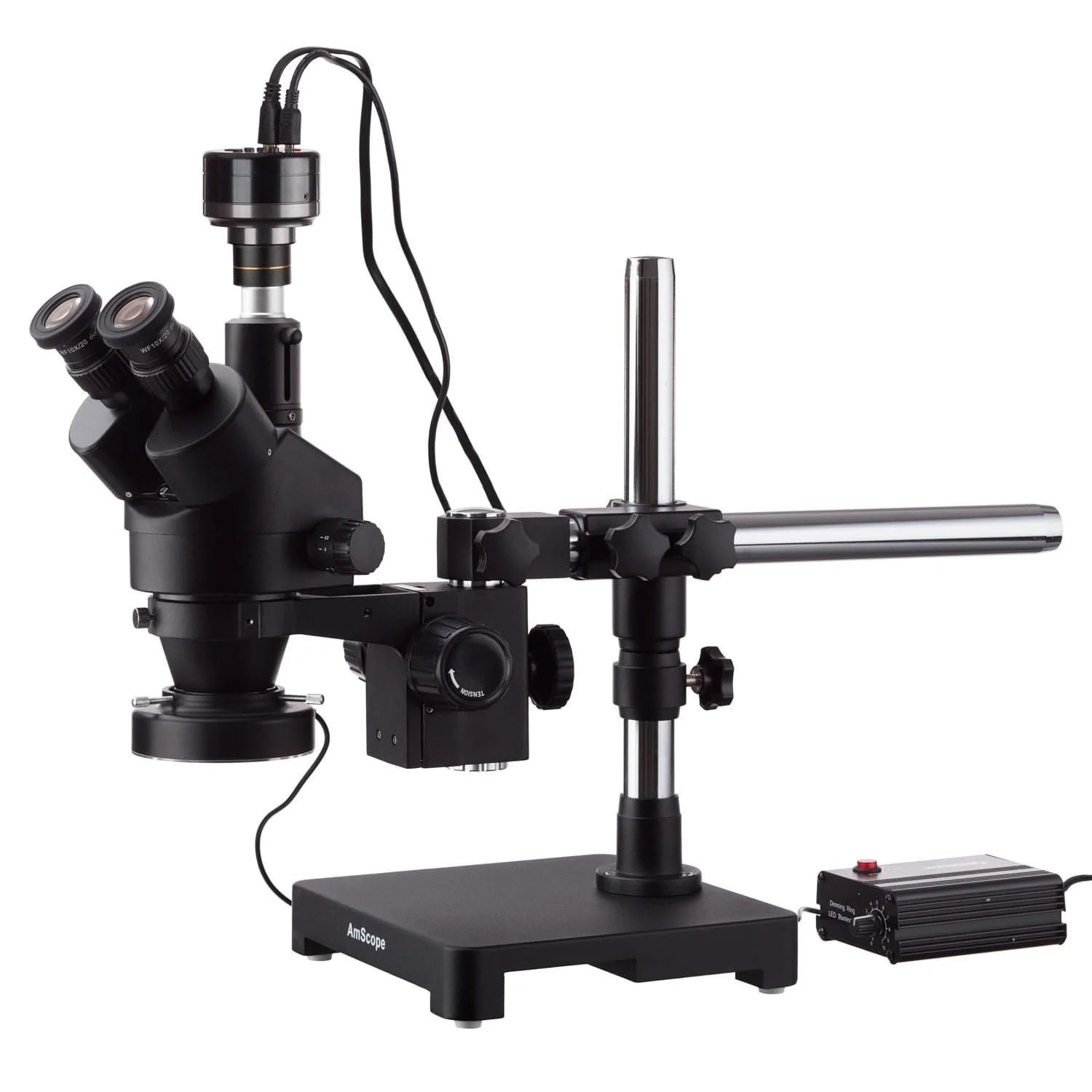 AmScope SM-3 Series Zoom Black Trinocular Stereo Microscope 7X-135X Magnification on Single Arm Boom Stand with 80-LED Ring Light & HD Recording Camera
