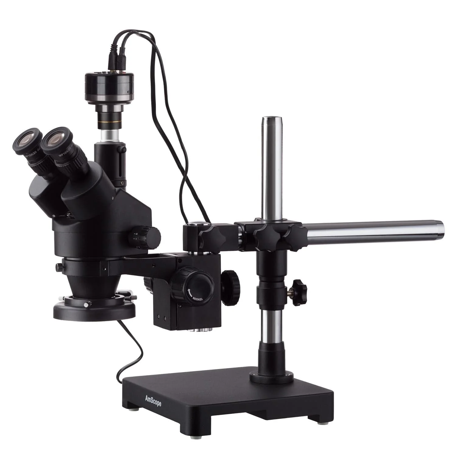 AmScope SM-3 Series Zoom Black Trinocular Stereo Microscope 7X-135X Magnification on Single Arm Boom Stand + Fluorescent Ring Light + HD Recording Camera