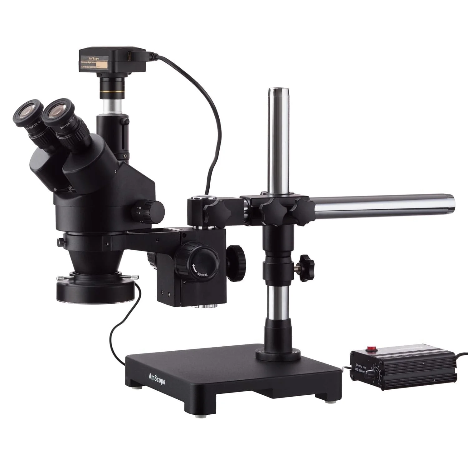 AmScope SM-3 Series Zoom Black Trinocular Stereo Microscope 3.5X-90X Magnification on Single Arm Boom Stand with Heavy Duty 80-LED Ring Light & 18MP USB3.0 Digital Camera