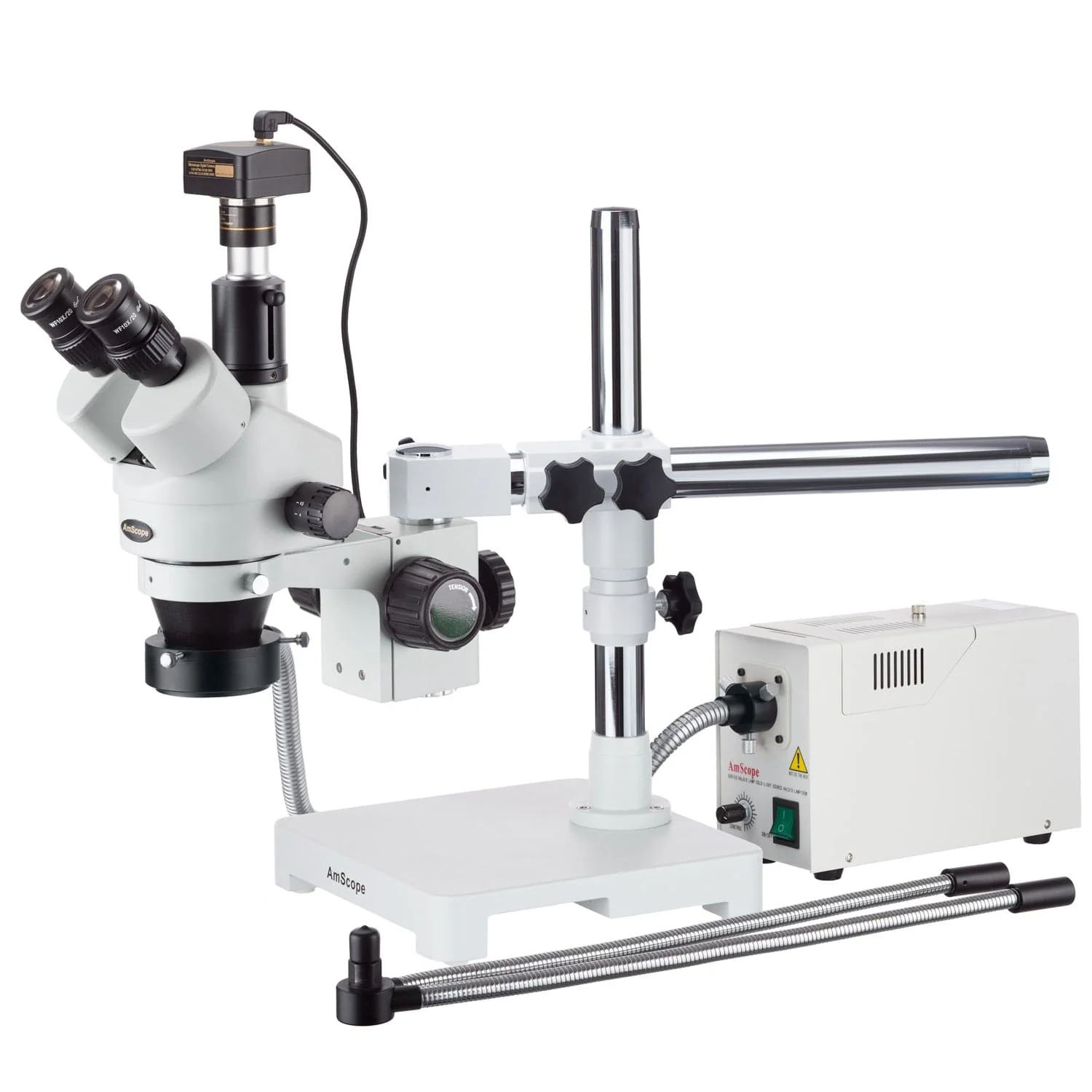 AmScope SM-3 Series Zoom Trinocular Stereo Microscope 3.5X-90X Magnification on Single Arm Boom Stand with Fiber Optic Y-Shape & Ring Lights + Camera