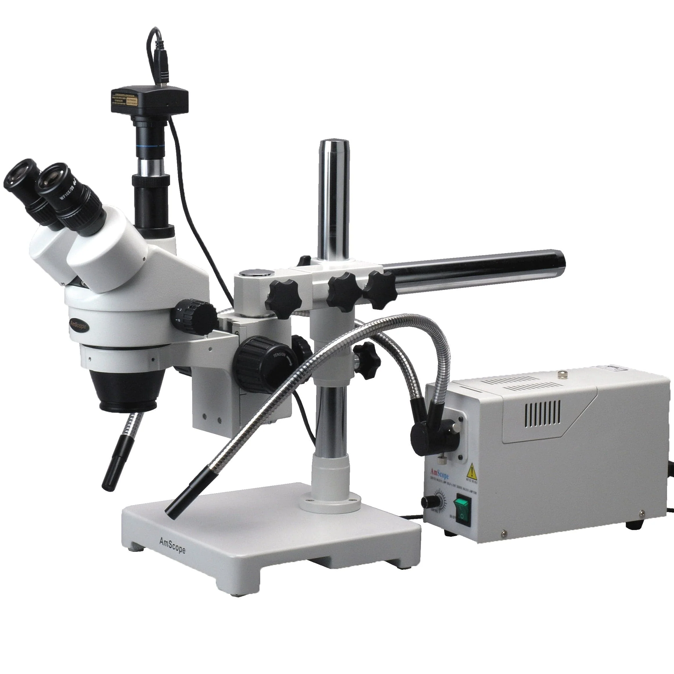 AmScope SM-3 Series Zoom Trinocular Stereo Microscope 3.5X-90X Magnification on Single Arm Boom Stand with Fiber Optic Y-Shape & Ring Lights + Camera - Image 2