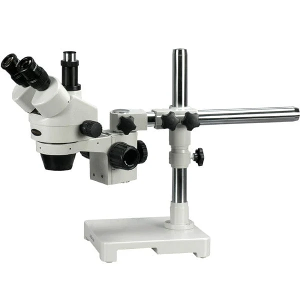 AmScope SM-3 Series Zoom Trinocular Stereo Microscope 3.5X-90X Magnification on Single Arm Boom Stand with Fiber Optic Y-Shape & Ring Lights + Camera - Image 3