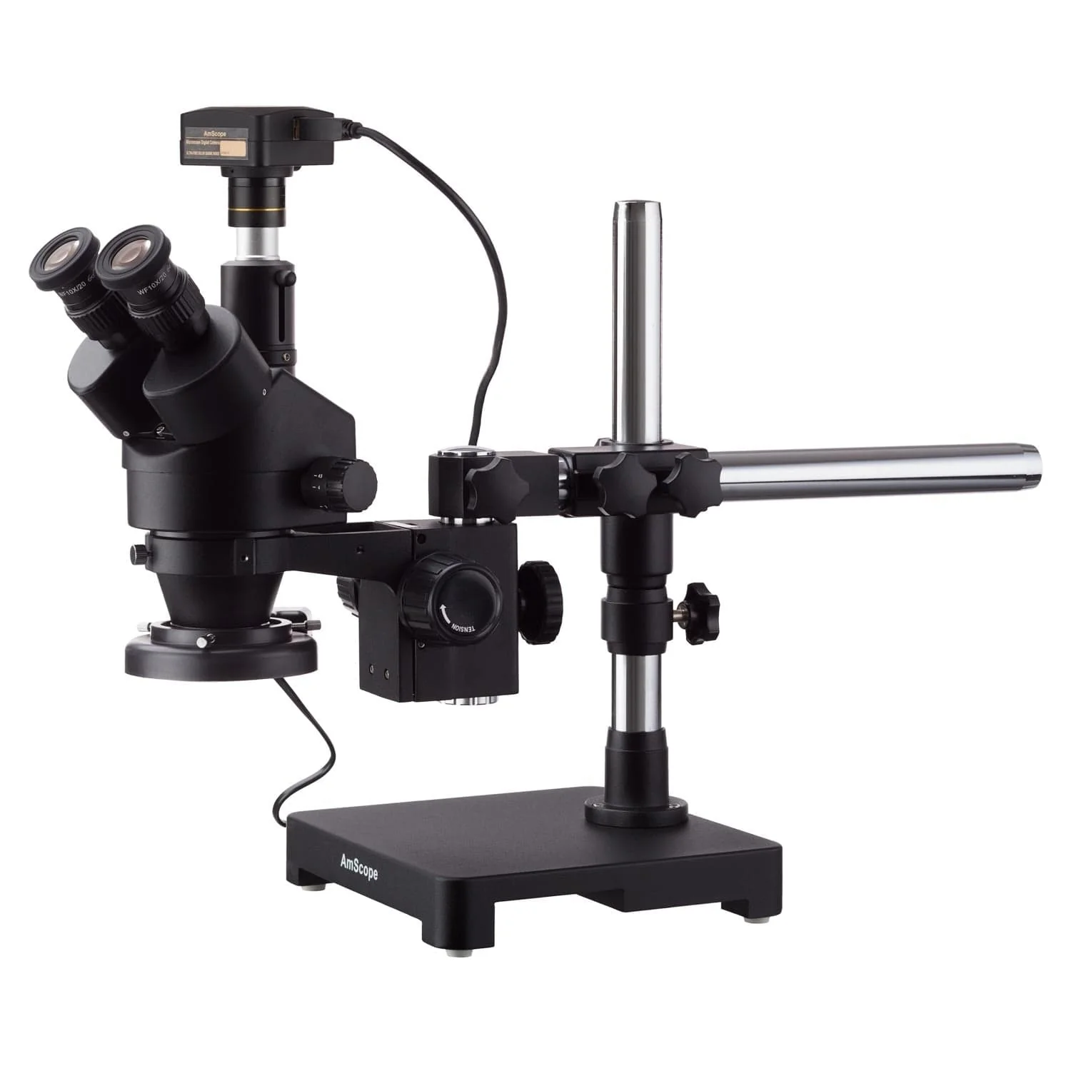 AmScope SM-3 Series Zoom Black Trinocular Stereo Microscope 3.5X-90X Magnification on Single Arm Boom Stand + Fluorescent Ring Light + 5MP USB3.0 Camera