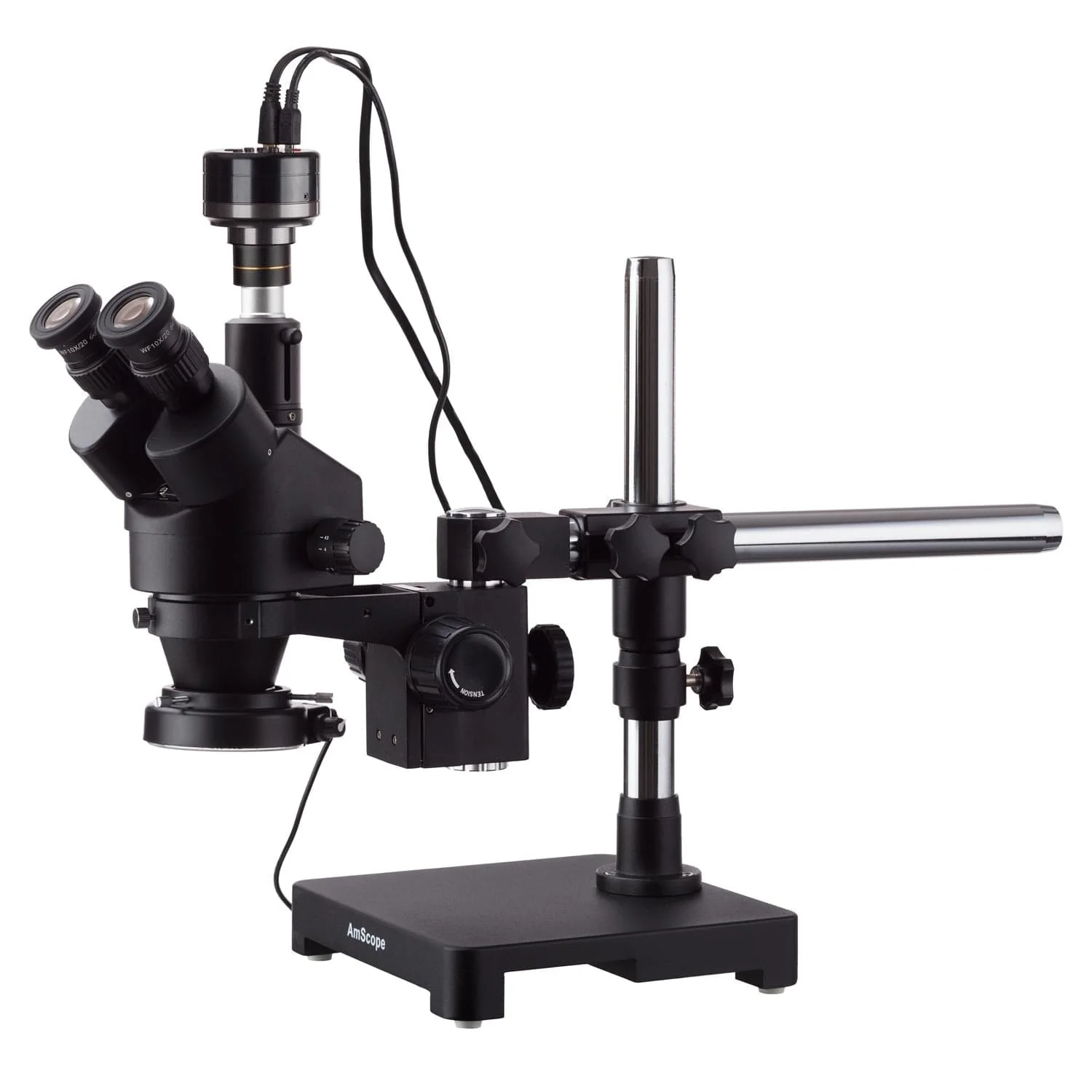 AmScope SM-3 Series Zoom Black Trinocular Stereo Microscope 3.5X-180X Magnification on Single Arm Boom Stand + 144 LED Compact Ring-light with HD Camera