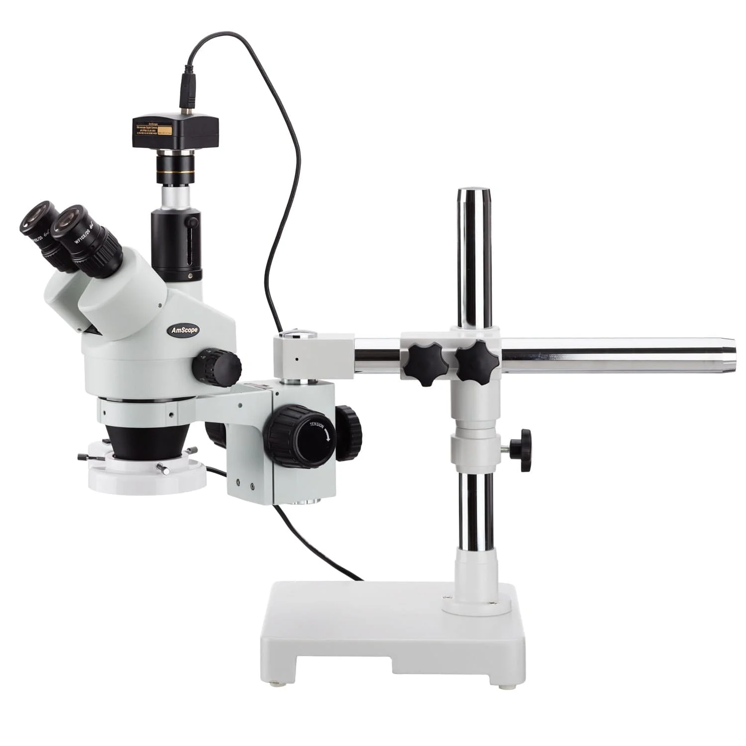 AmScope SM-3 Series Zoom Trinocular Stereo Microscope 3.5X-180X Magnification on Single Arm Boom Stand with Fluorescent Ring Light and Camera