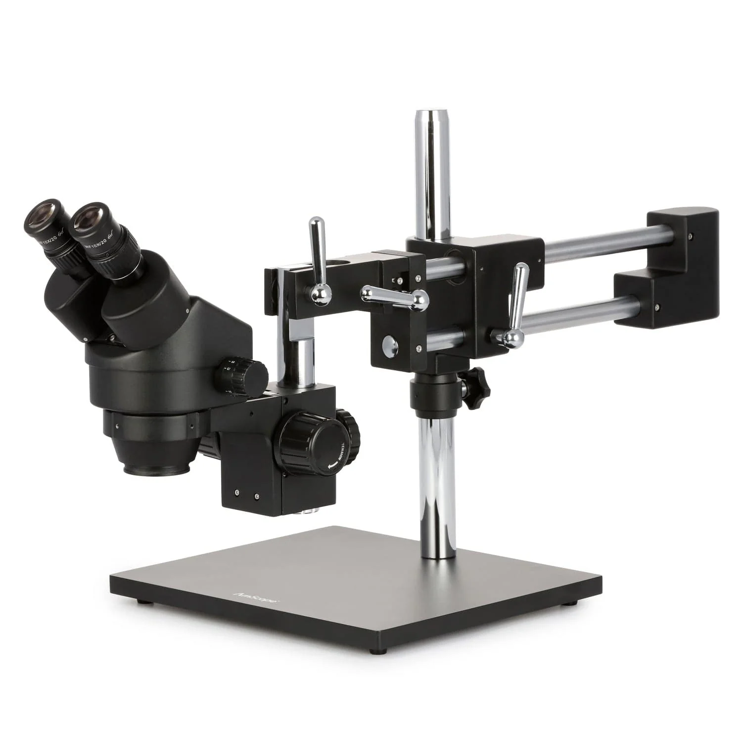 AmScope SM-4 Series Zoom Binocular Stereo Microscope 7X-90X Magnification on Black Double Arm Boom Stand