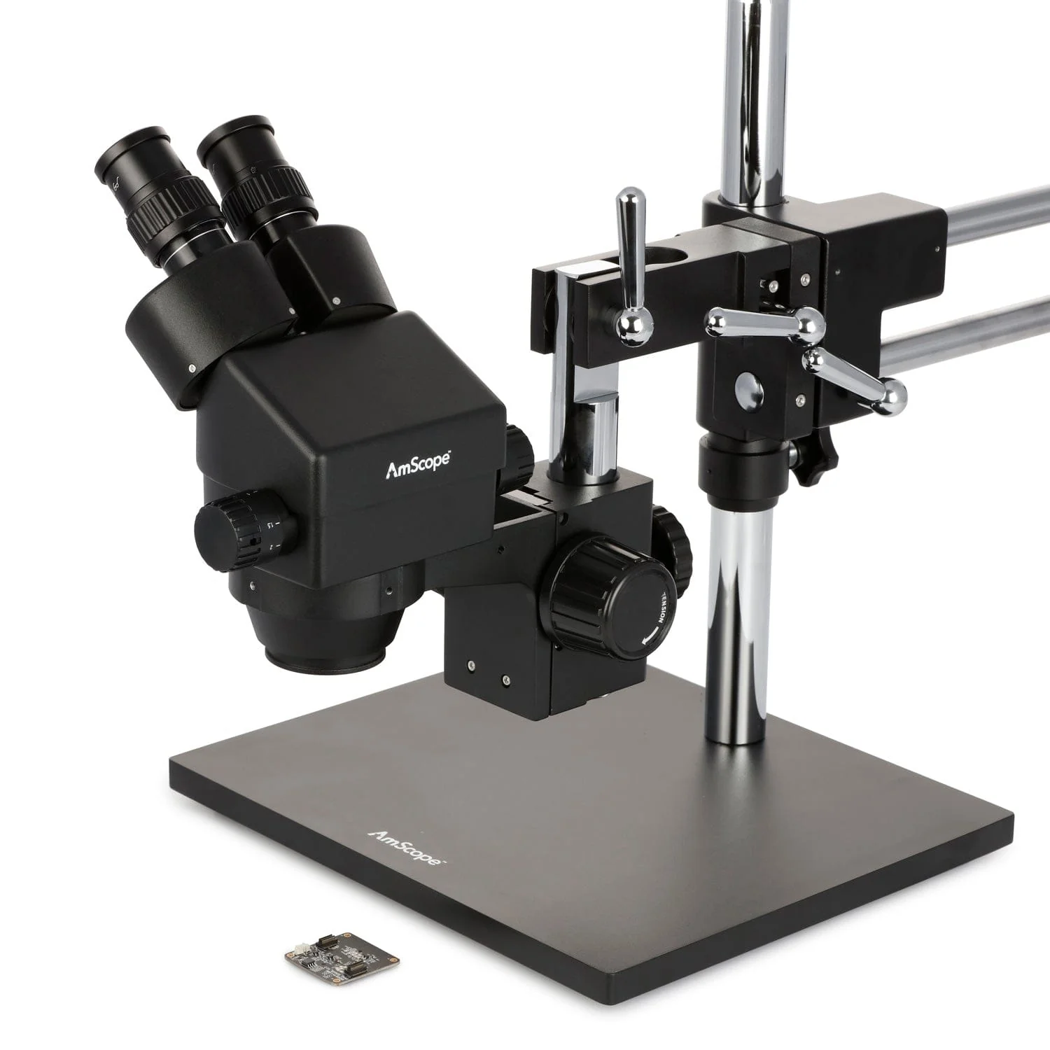 AmScope SM-4 Series Zoom Binocular Stereo Microscope 7X-90X Magnification on Black Double Arm Boom Stand - Image 7