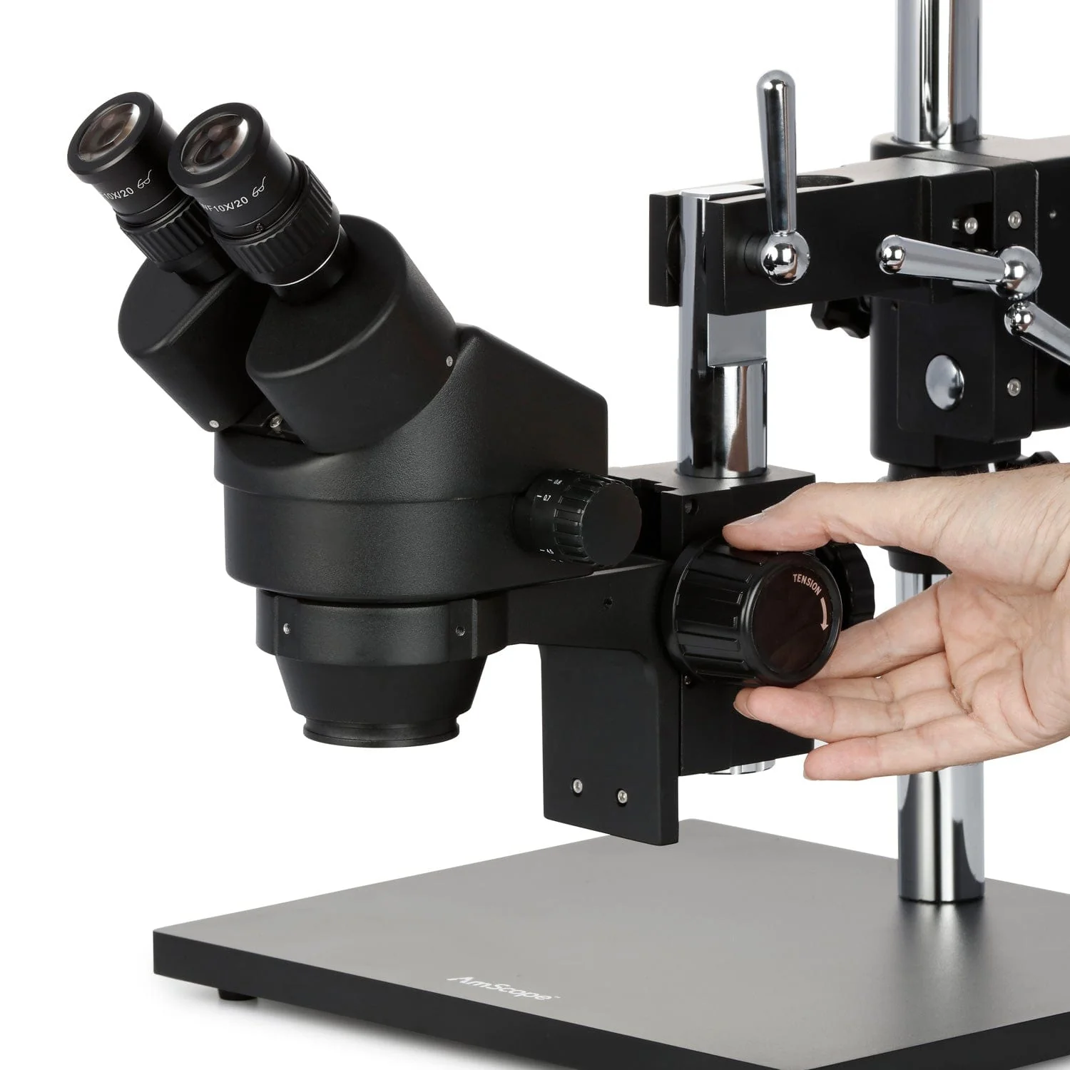 AmScope SM-4 Series Zoom Binocular Stereo Microscope 3.5X-90X Magnification on Black Double Arm Boom Stand - Image 4