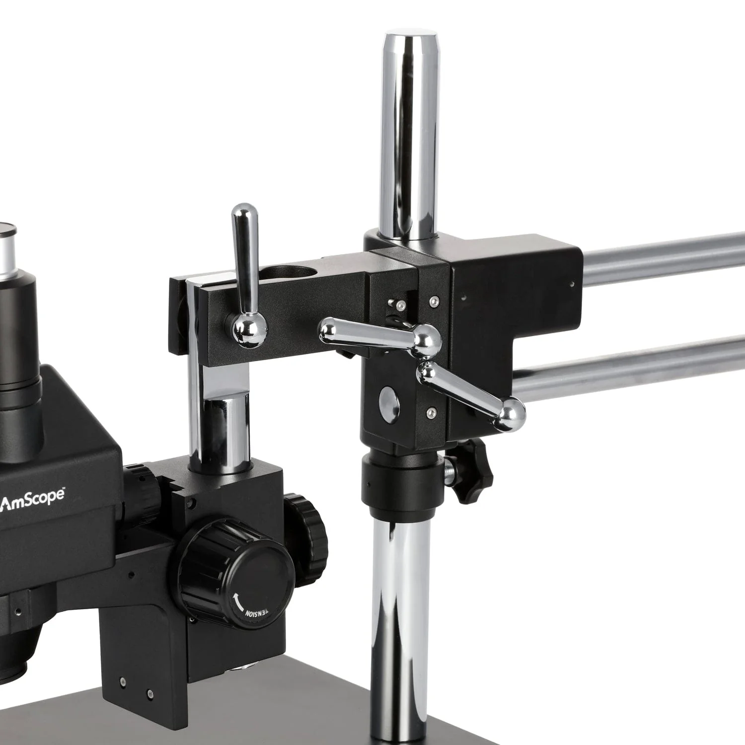 AmScope SM-4 Series Zoom Trinocular Stereo Microscope 7X-45X Magnification on Black Double Arm Boom Stand - Image 4