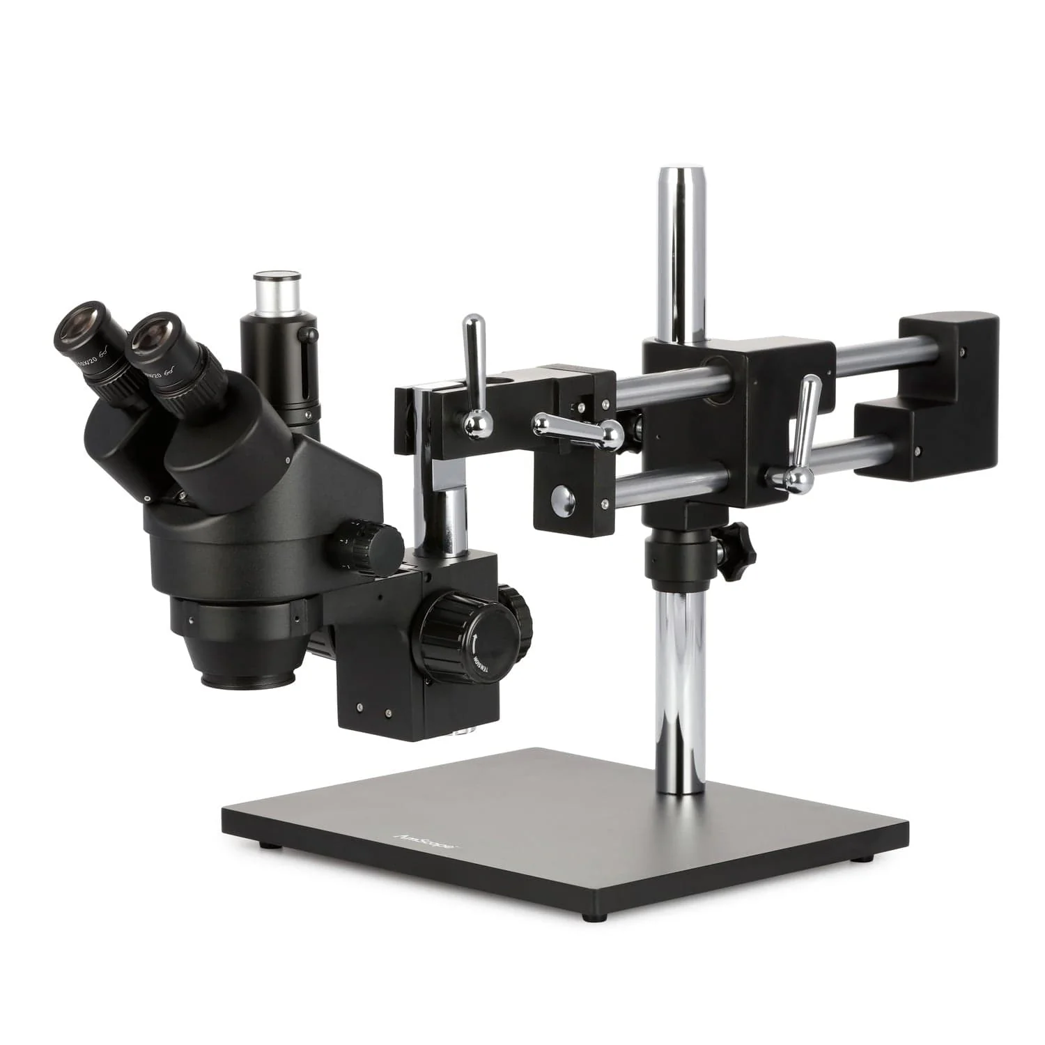 AmScope SM-4 Series Zoom Trinocular Stereo Microscope 3.5X-45X Magnification on Black Double Arm Boom Stand