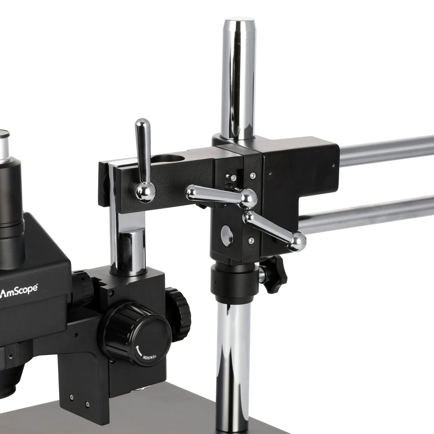 AmScope SM-4 Series Zoom Trinocular Stereo Microscope 3.5X-45X Magnification on Black Double Arm Boom Stand - Image 4
