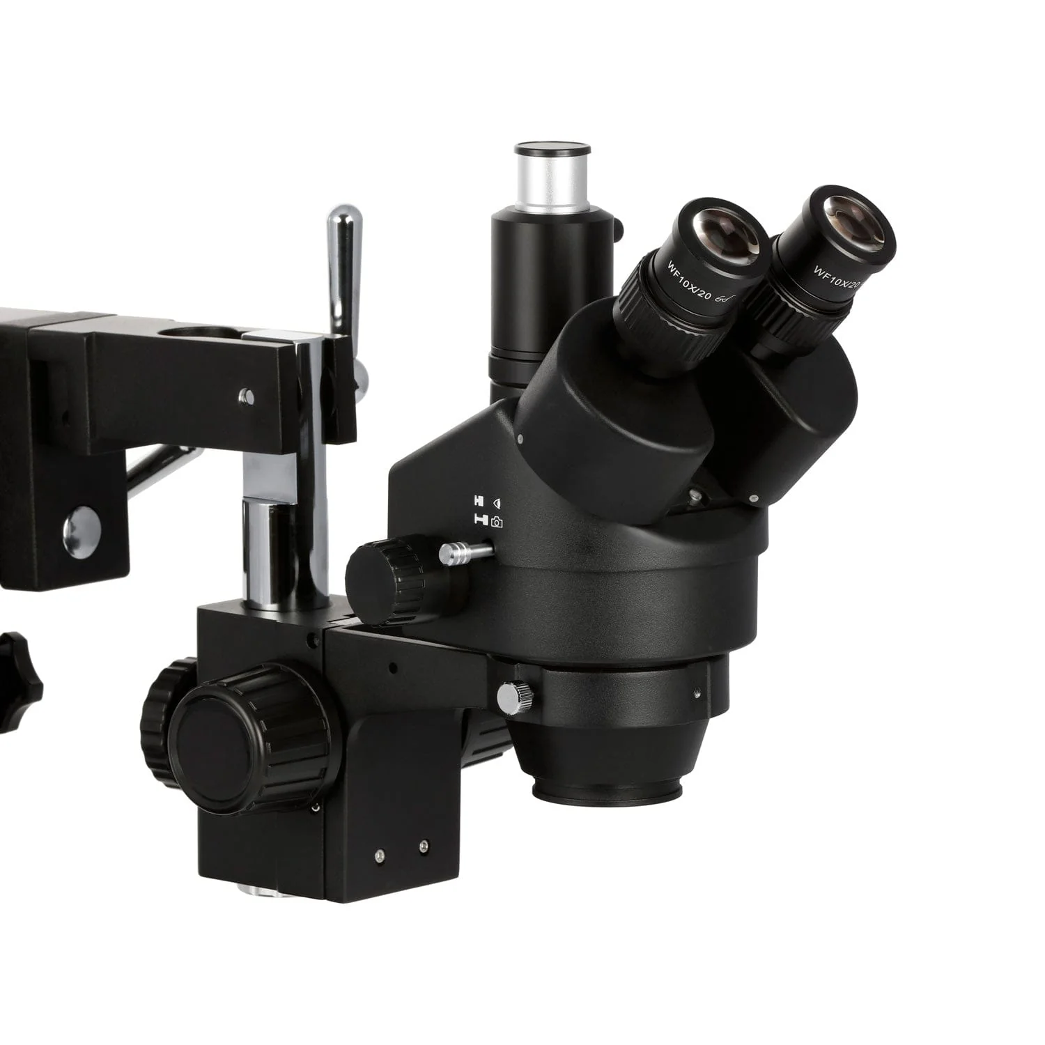 AmScope SM-4 Series Zoom Trinocular Stereo Microscope 3.5X-45X Magnification on Black Double Arm Boom Stand - Image 6