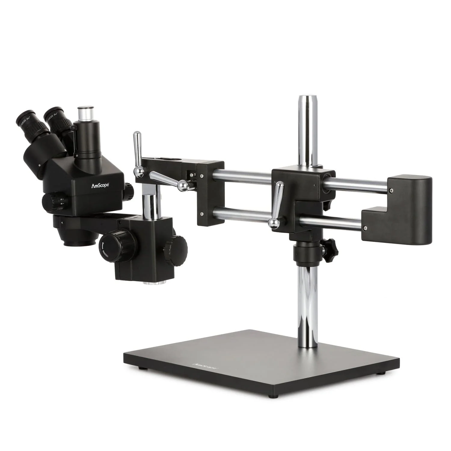 AmScope SM-4 Series Zoom Trinocular Stereo Microscope 7X-90X Magnification on Black Double Arm Boom Stand - Image 2
